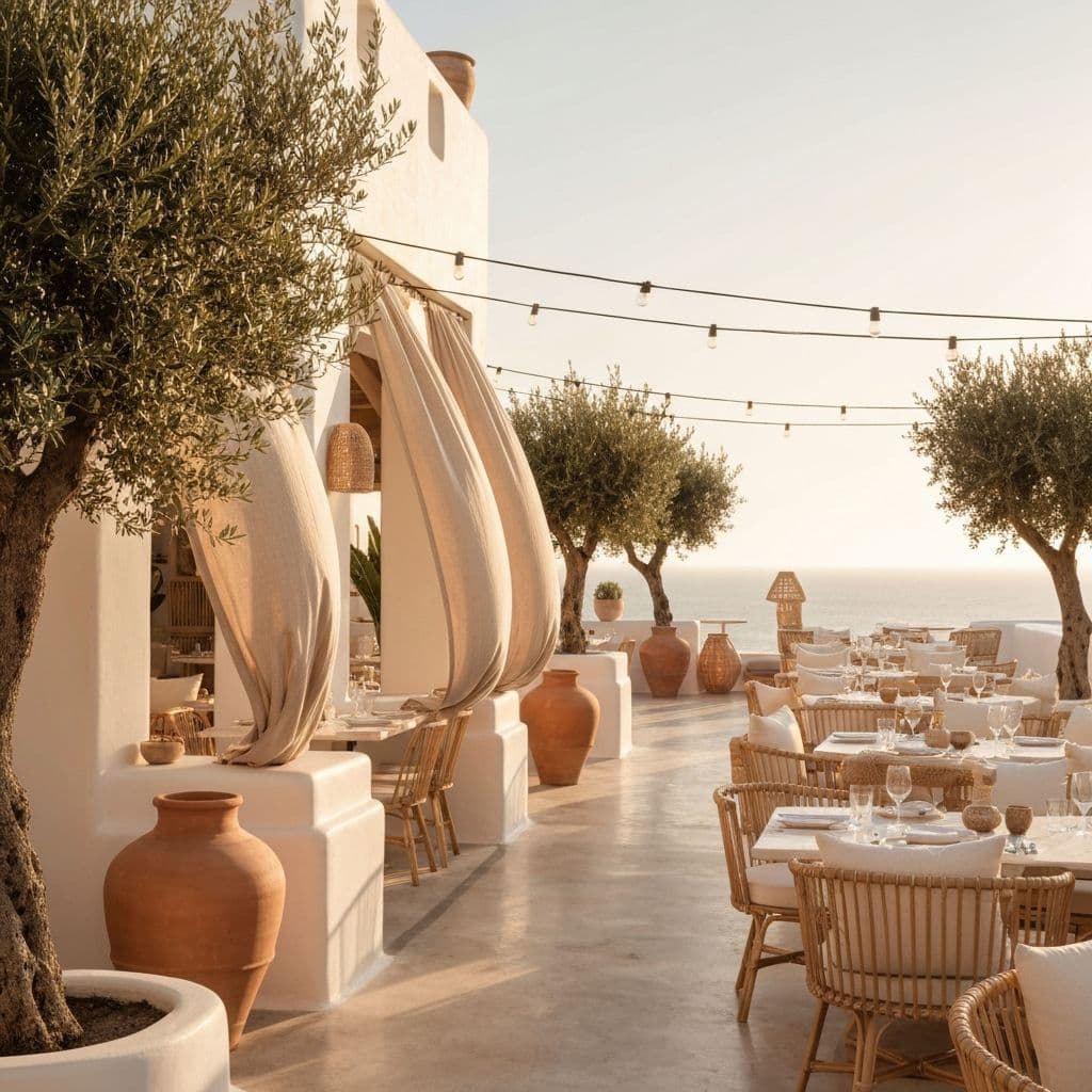 Terraço mediterrânico ao pôr do sol com decoração boho chique